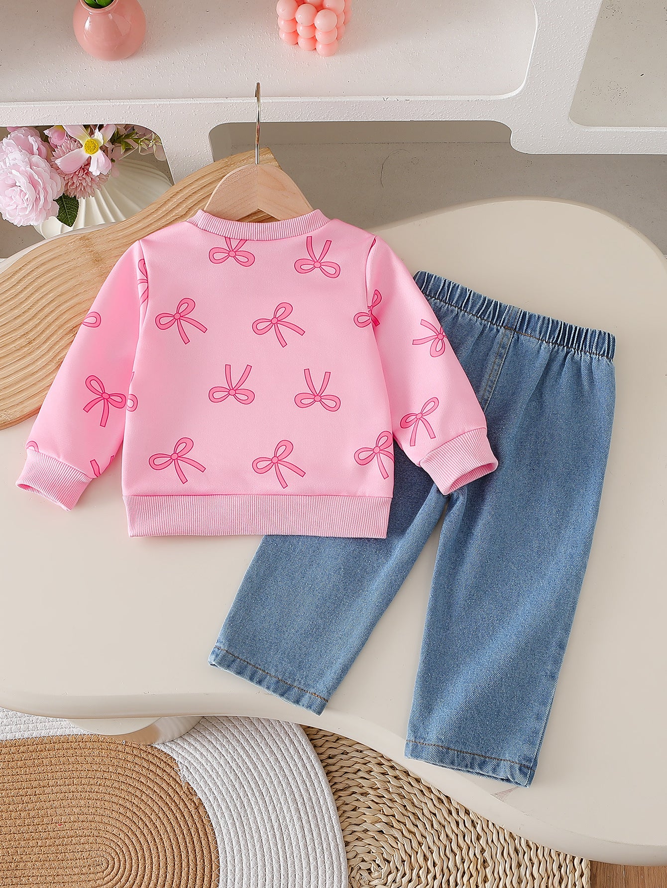 Cute Round Neck Top Bow Jeans Two-piece Children's Suit