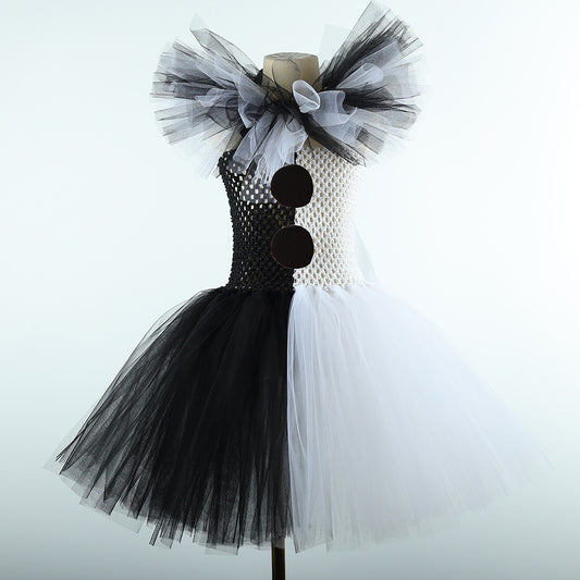Children's Halloween Black White Clown Mesh Bubble Skirt Autumn Performance Children's Dress