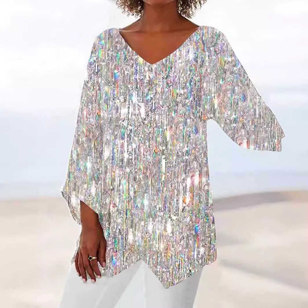 Women's Leisure Loose Irregular Printed Long Sleeve Tops