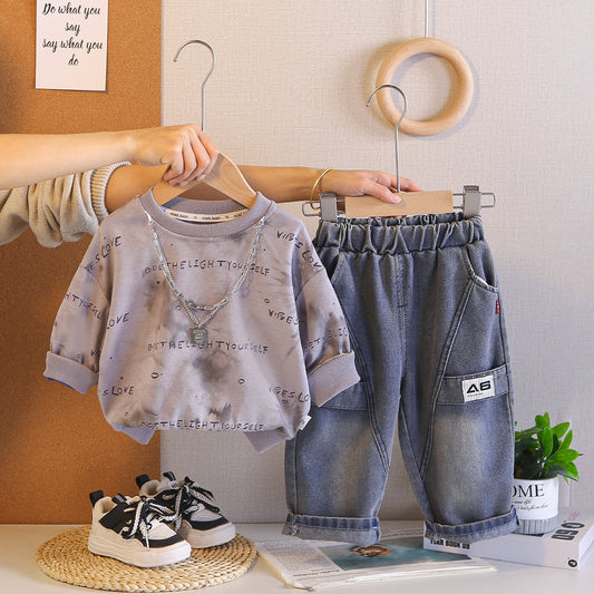 Children's Summer Printed Letters Necklace Round Neck Long Sleeve Children's Suit