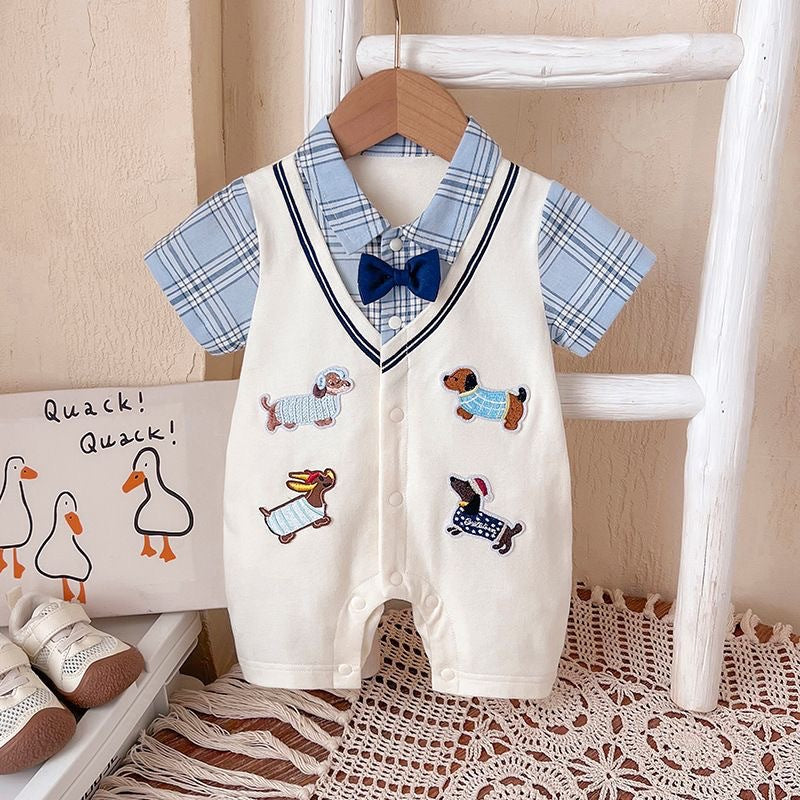 College Style Fake Two-piece Bow Tie Romper Cardigan Outwear Jumpsuit, Climbing Suit