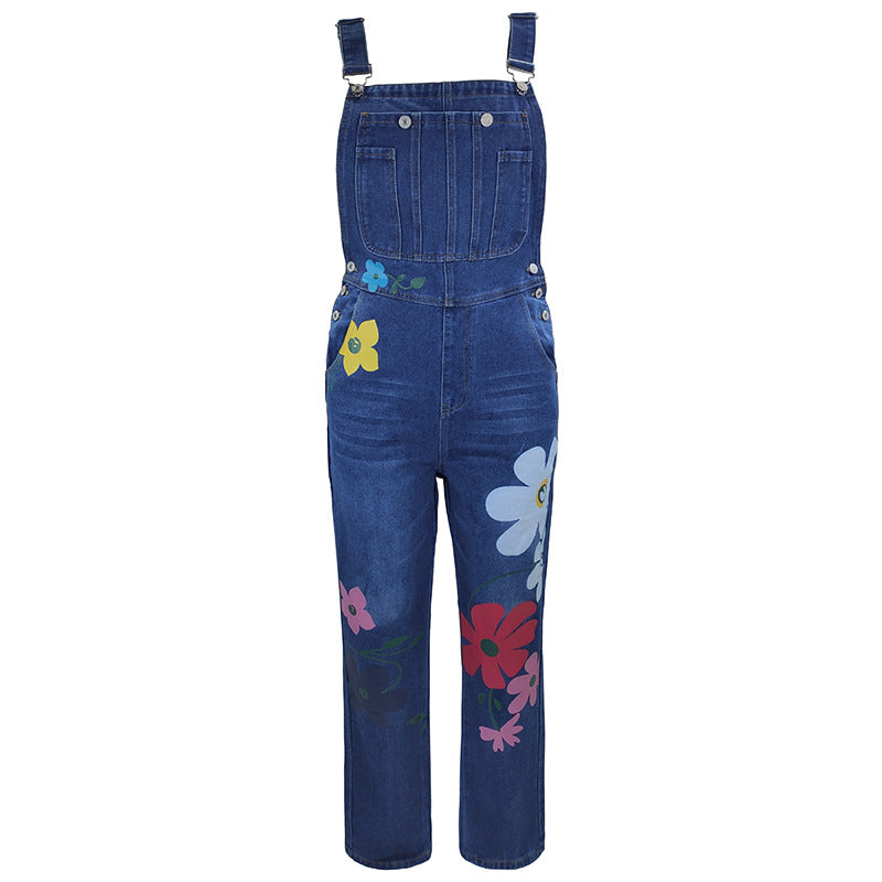 Women's Washed Cotton Polyester Printed Straight Bib Women's Jeans