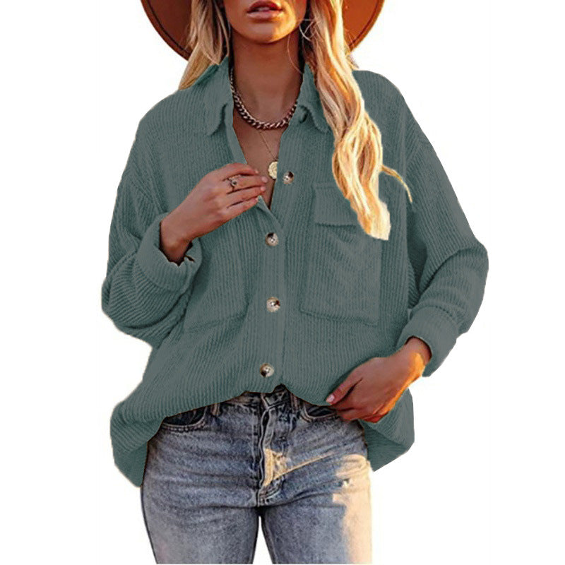 Women's Solid Color Loose Corduroy Lapel Double Pocket Long Coats