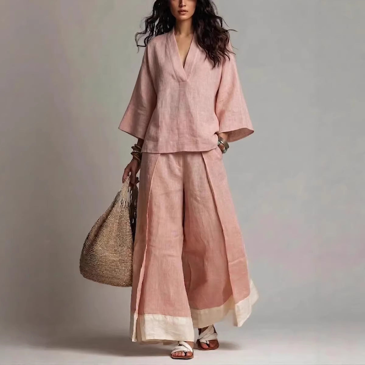 Women's Cotton Linen French Style Three-quarter Sleeve Shirt Contrast Color Suits