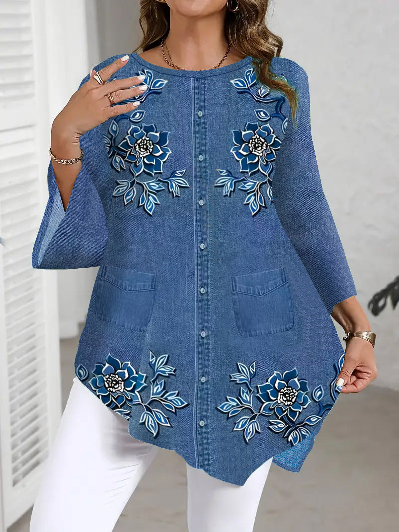 Summer Casual Flower Print Round Neck Large Size T-shirt