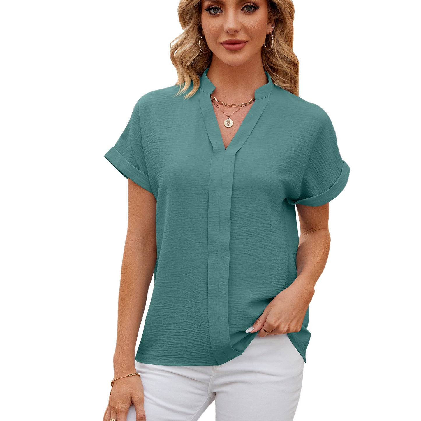 Glamorous Solid Color Sleeve Loose Casual Lace Shirt, Chiffon Shirt