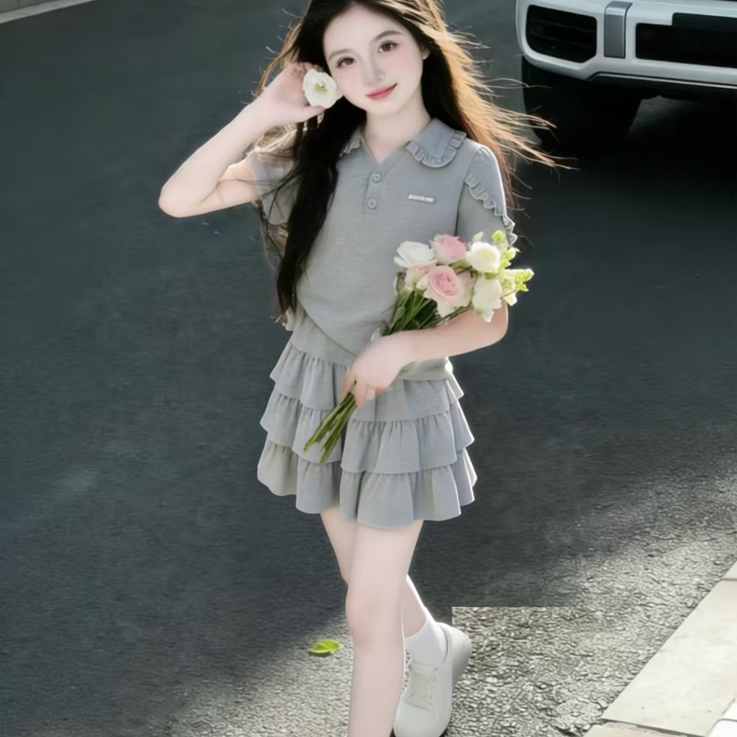 Children's Collar Short Sleeve Cake Dress Skirt Summer Children's Suit