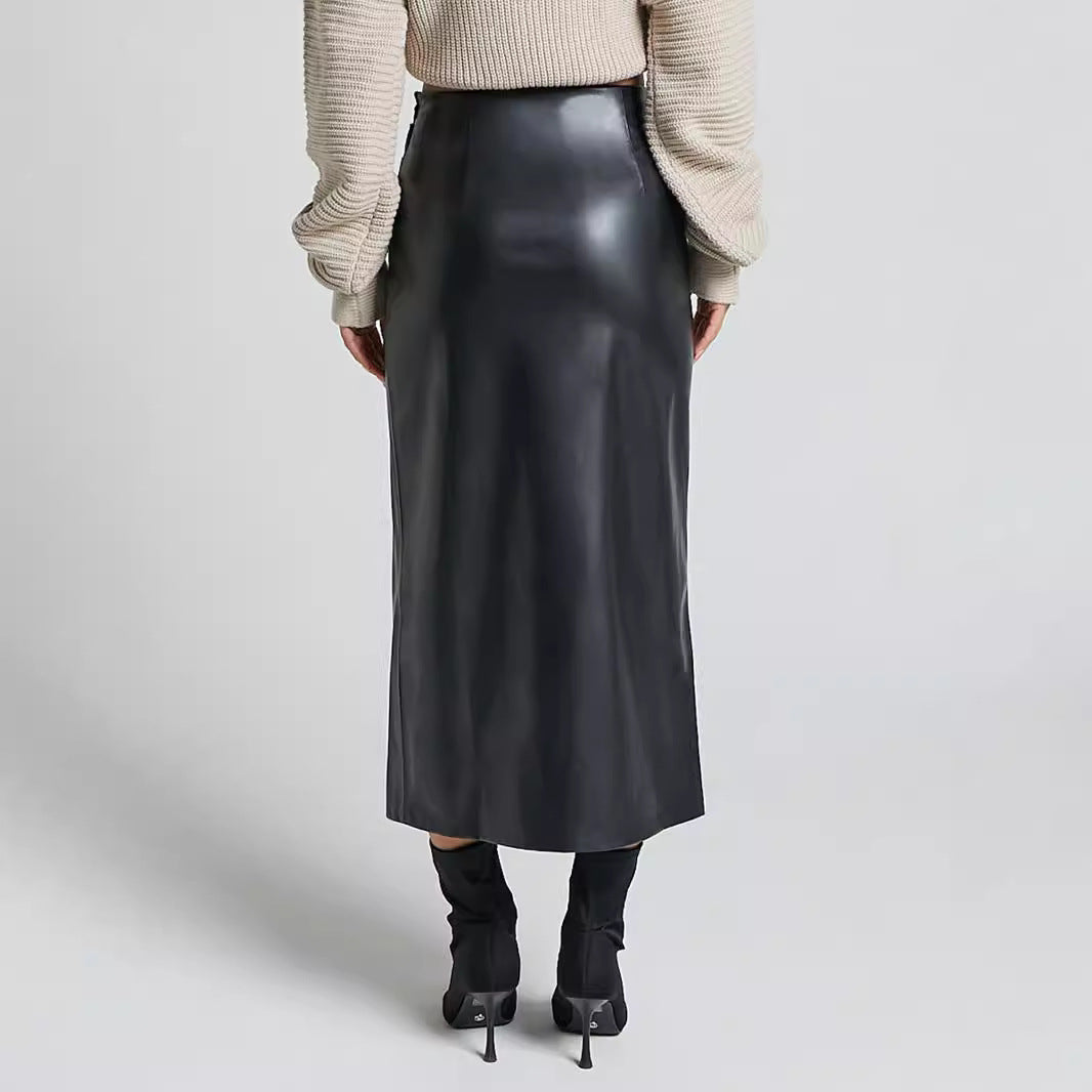 Women's Split Leather High Waist Zipper Sheath Dress Skirts