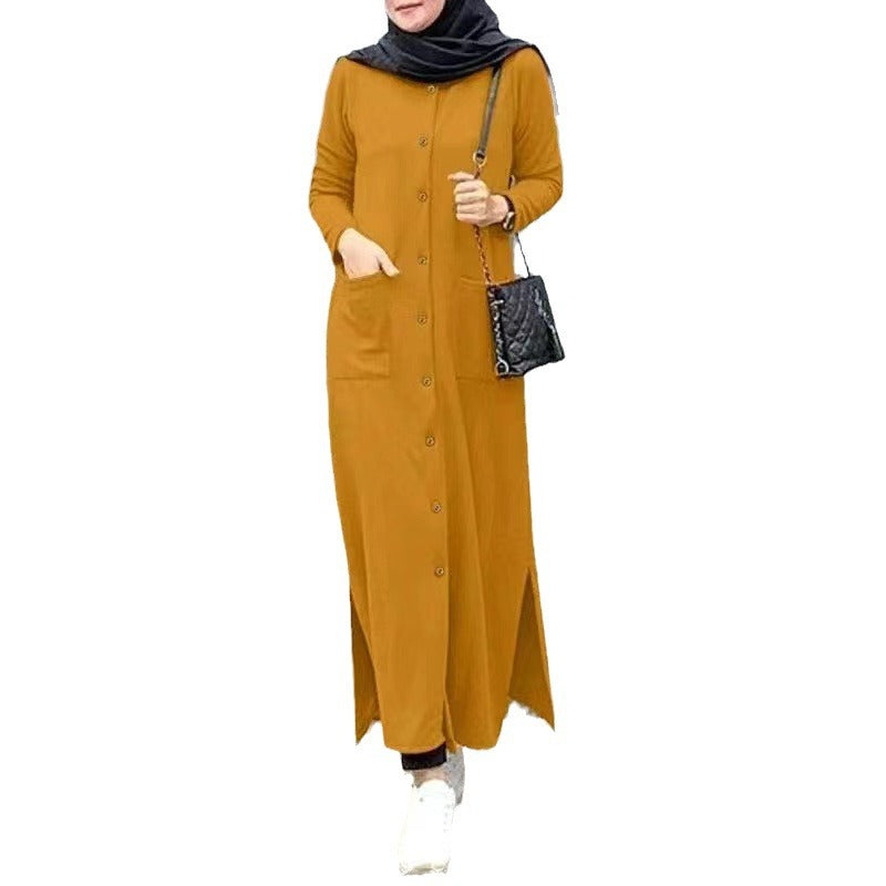 Long Sleeve Solid Color Shirt Dress Loose Side Blouse