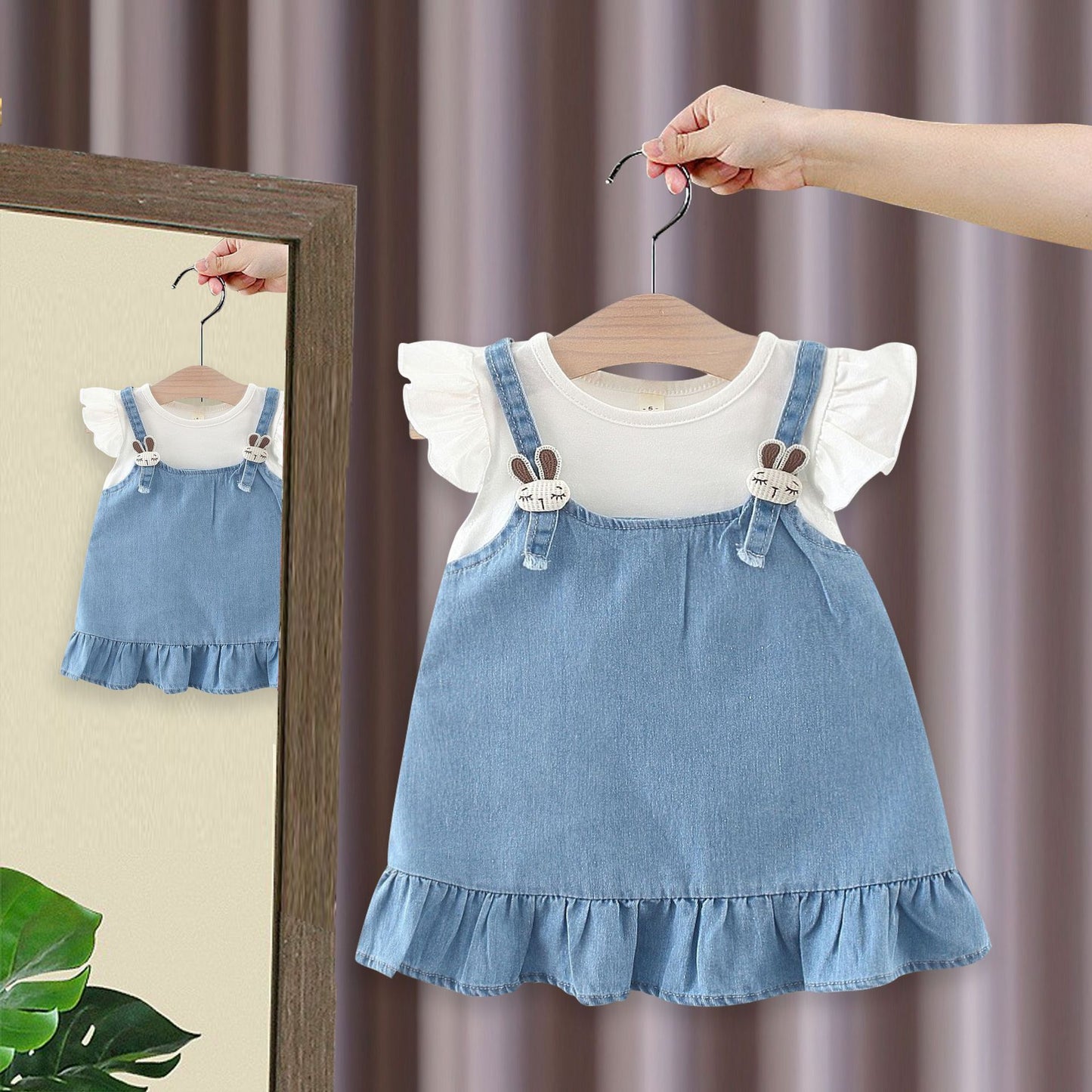 Children's Summer Flounced Sleeve Denim Skirt Clothing Fake Children's Dress