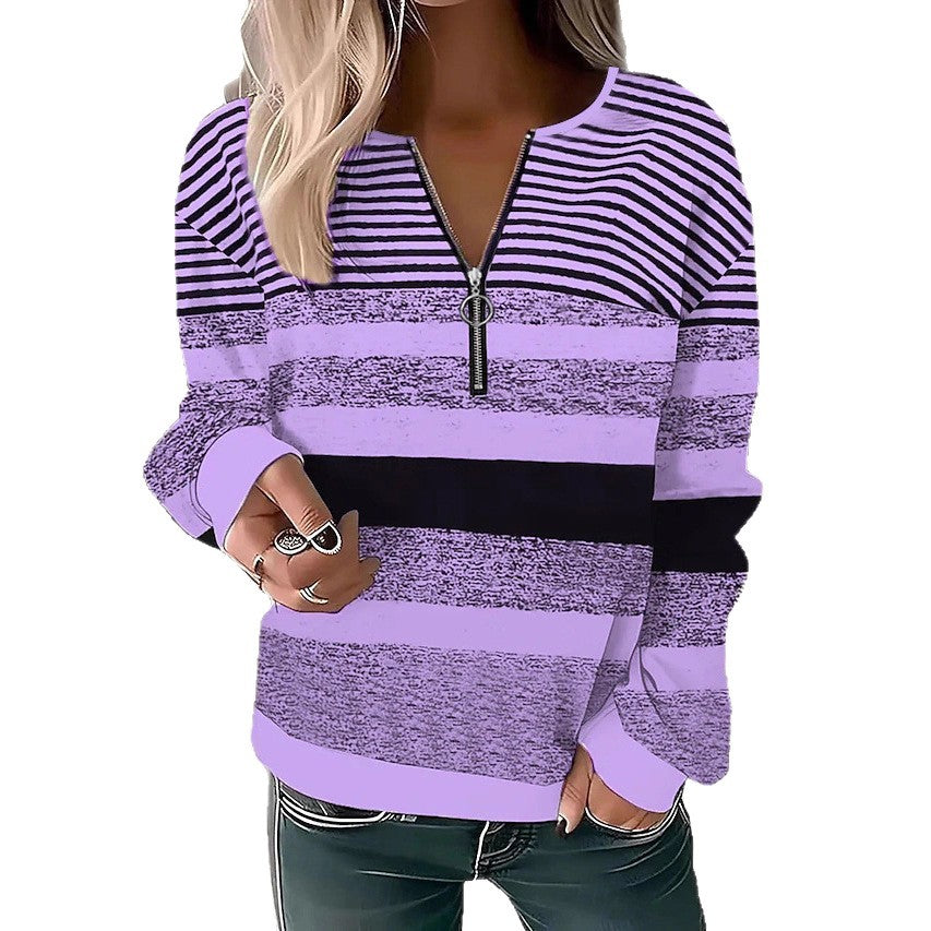 Women's Comfortable Fashion Half Zipper Collar Shoulder Striped Large Size T-shirt