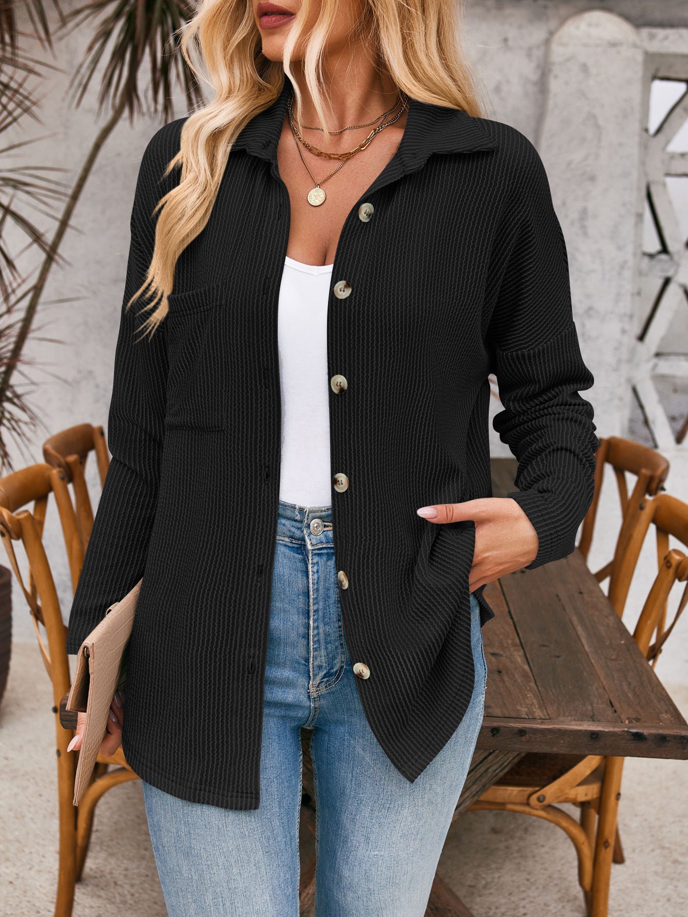 Striped Contrast Color Pocket Long Sleeve Blouse