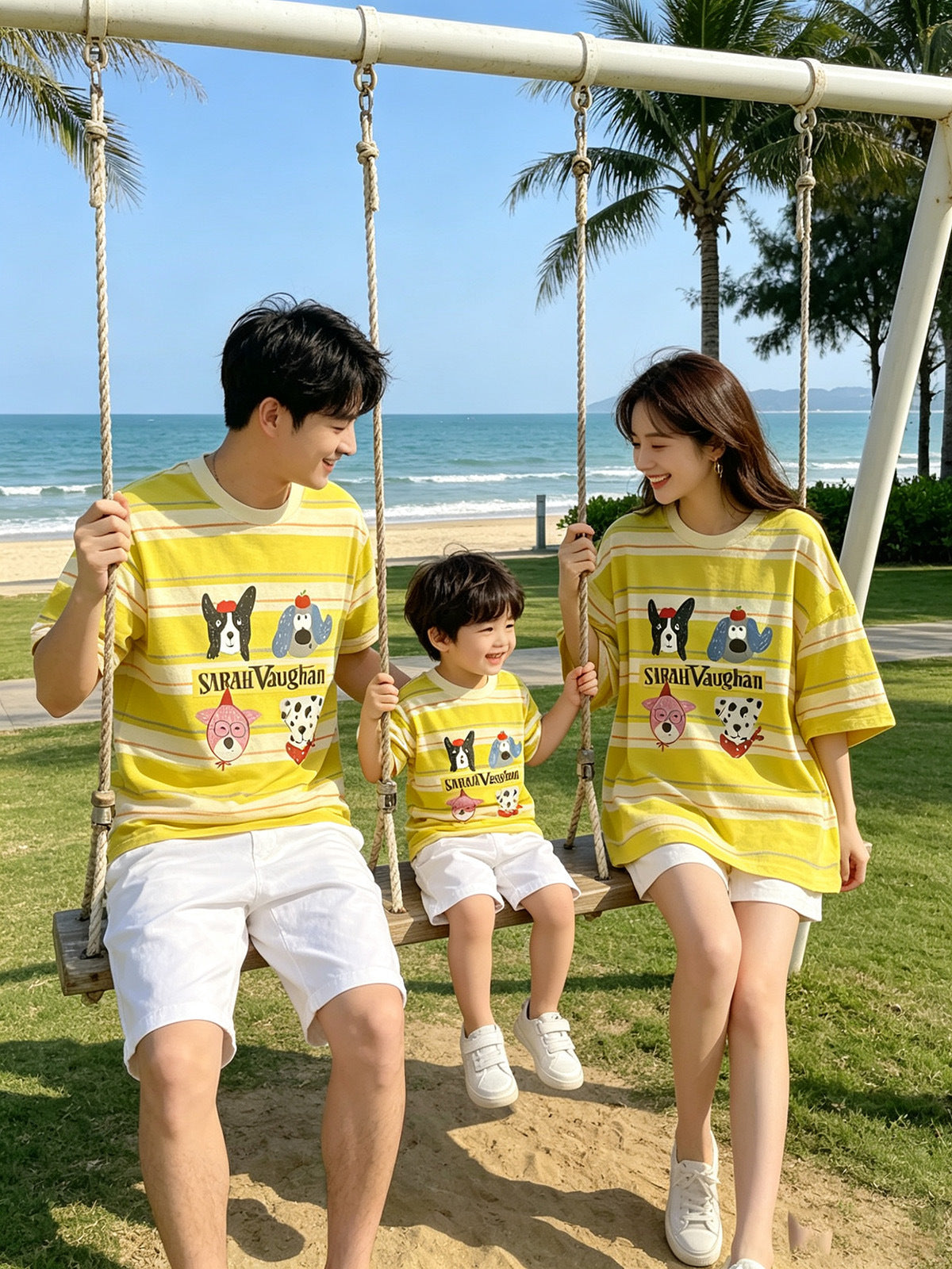 Cartoon Puppy T-shirt Family Of Four Seaside Parent-child Outfit
