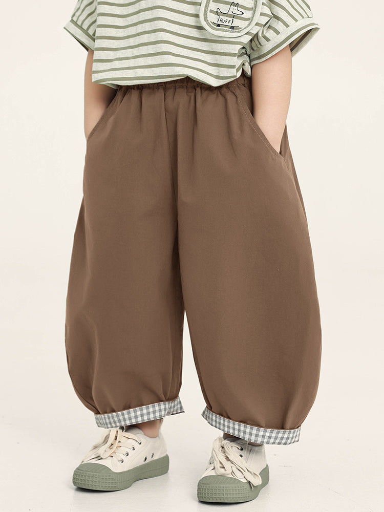 Children's Summer Korean Plaid Contrast Color Cropped Wide Children's Pants