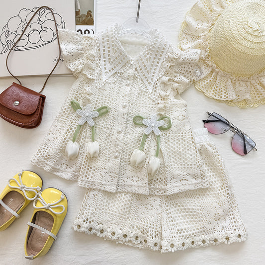 Style Summer Lace Top Shorts Two-piece Set Cute Children's Suit