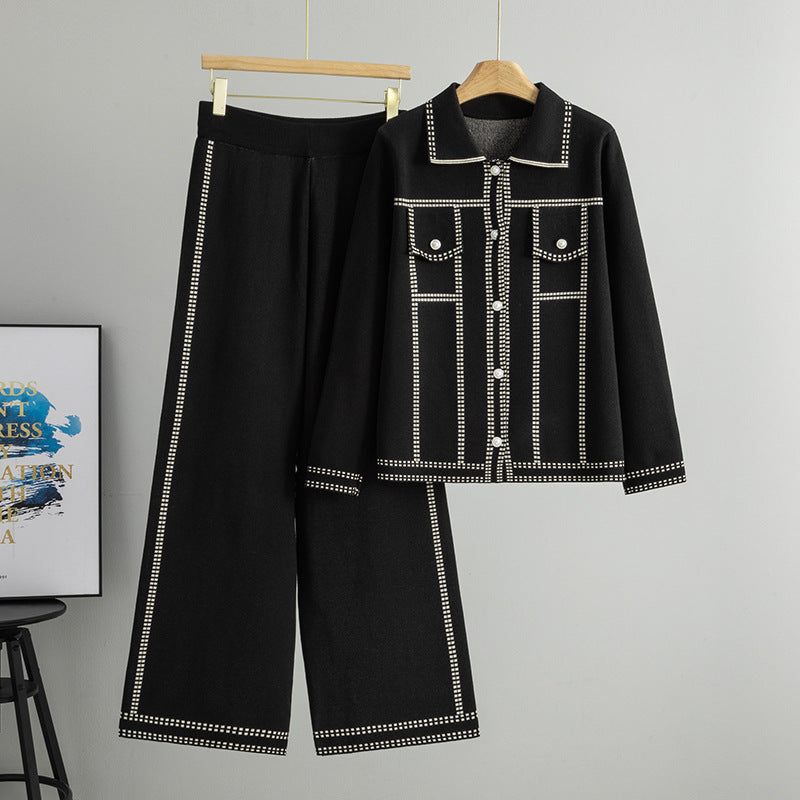 Women's Knitted Long Sleeve Plaid Loose Trousers Two-piece Fashion Casual Suit