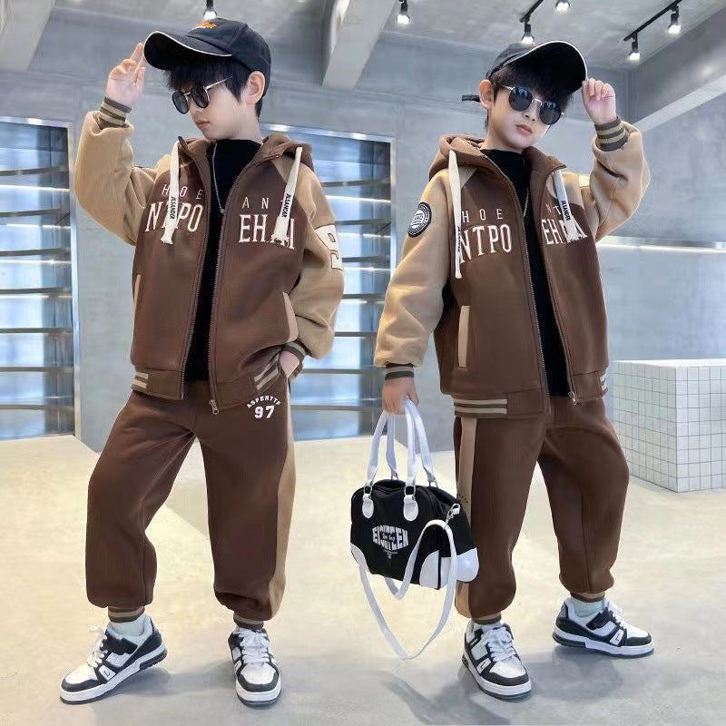 Clothing Medium Large Winter Fleece-lined Thickened Cool Handsome Children's Suit