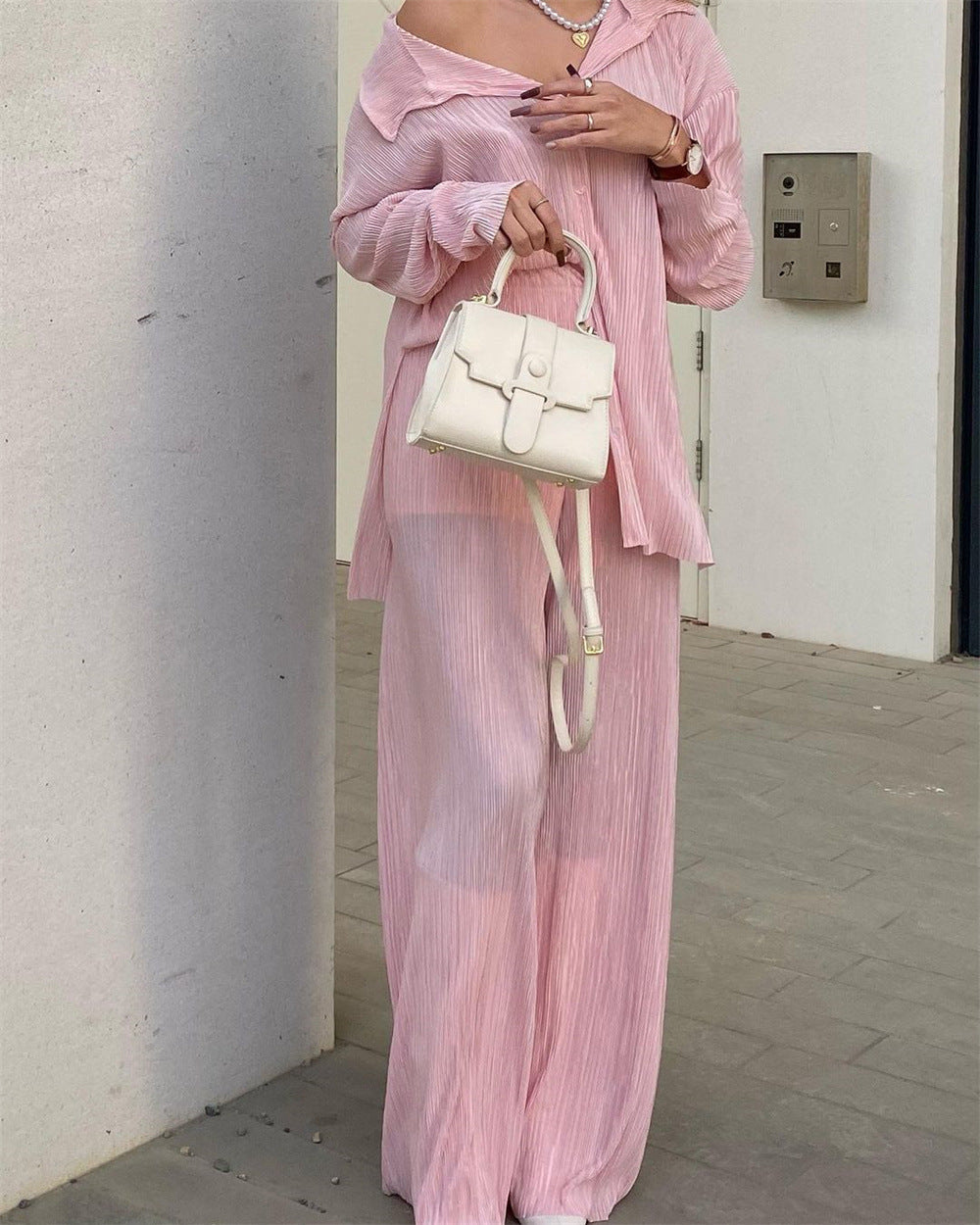 Women's Spring Pleated Design Shirt Outfit Trousers Loose Two-piece Set Fashion Casual Suit