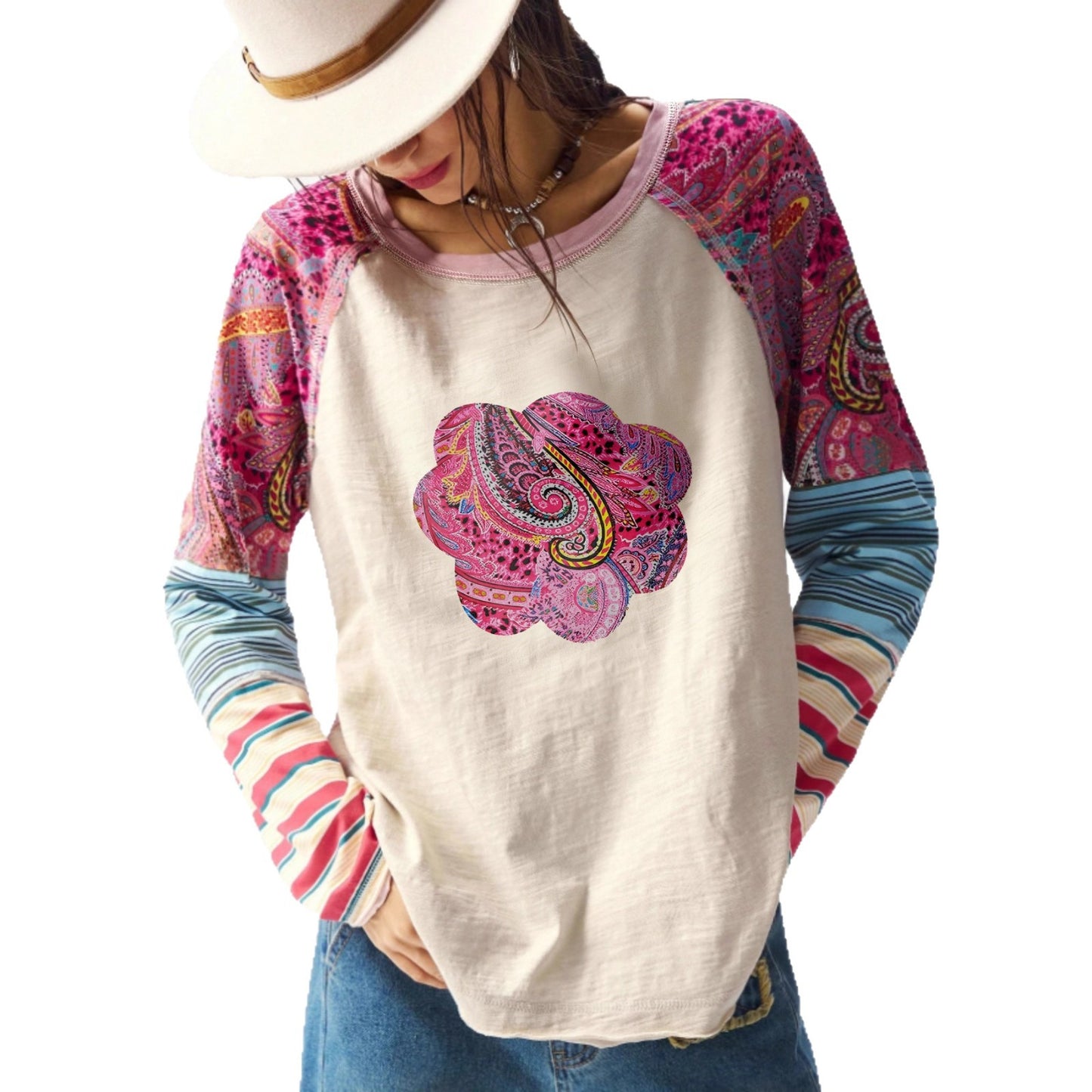 Women's Printed Crew Neck Casual Vacation Color Contrast Large Size T-shirt