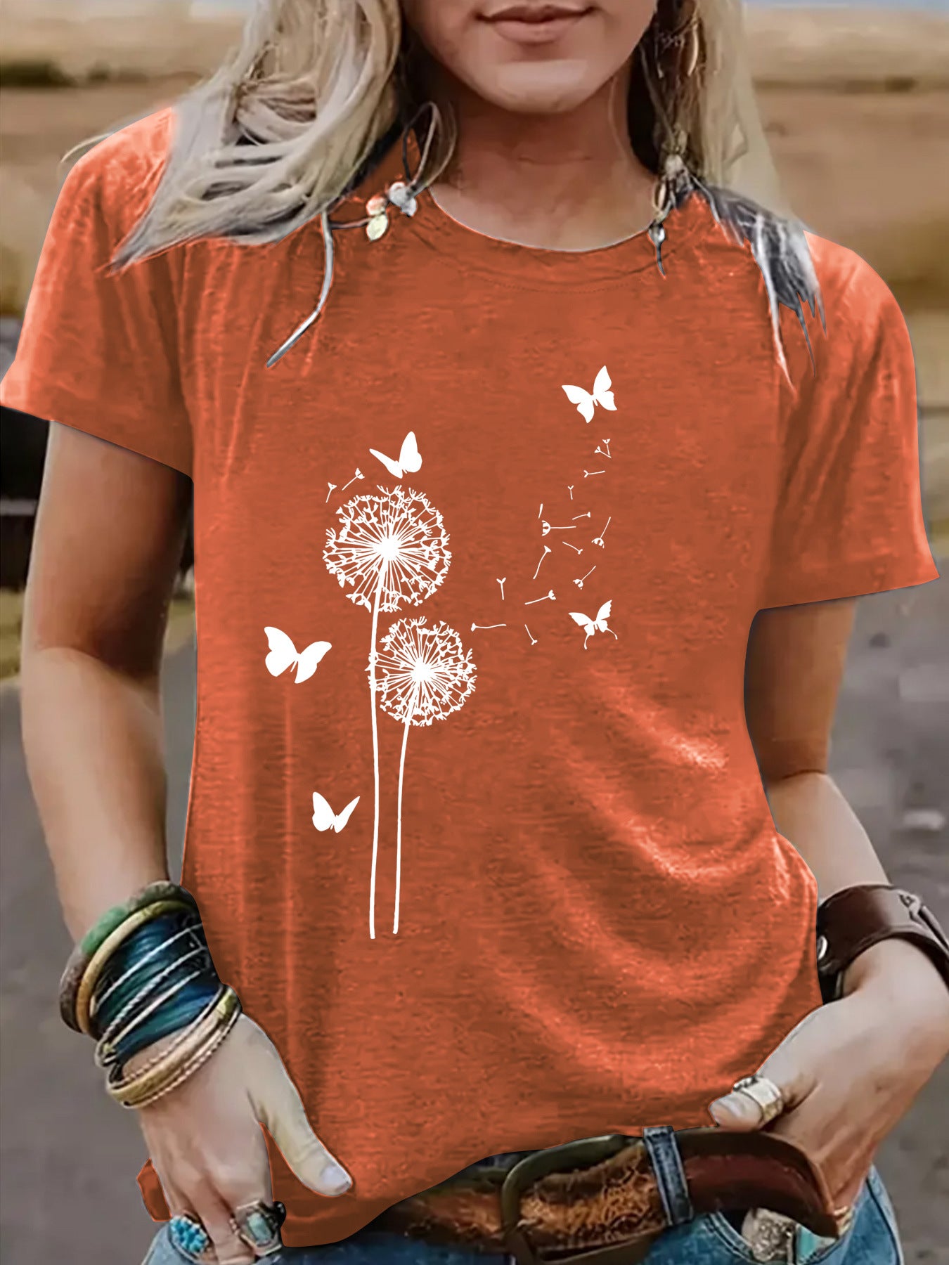 Women's Dandelion Pattern Round Neck Sleeve Casual Shorts