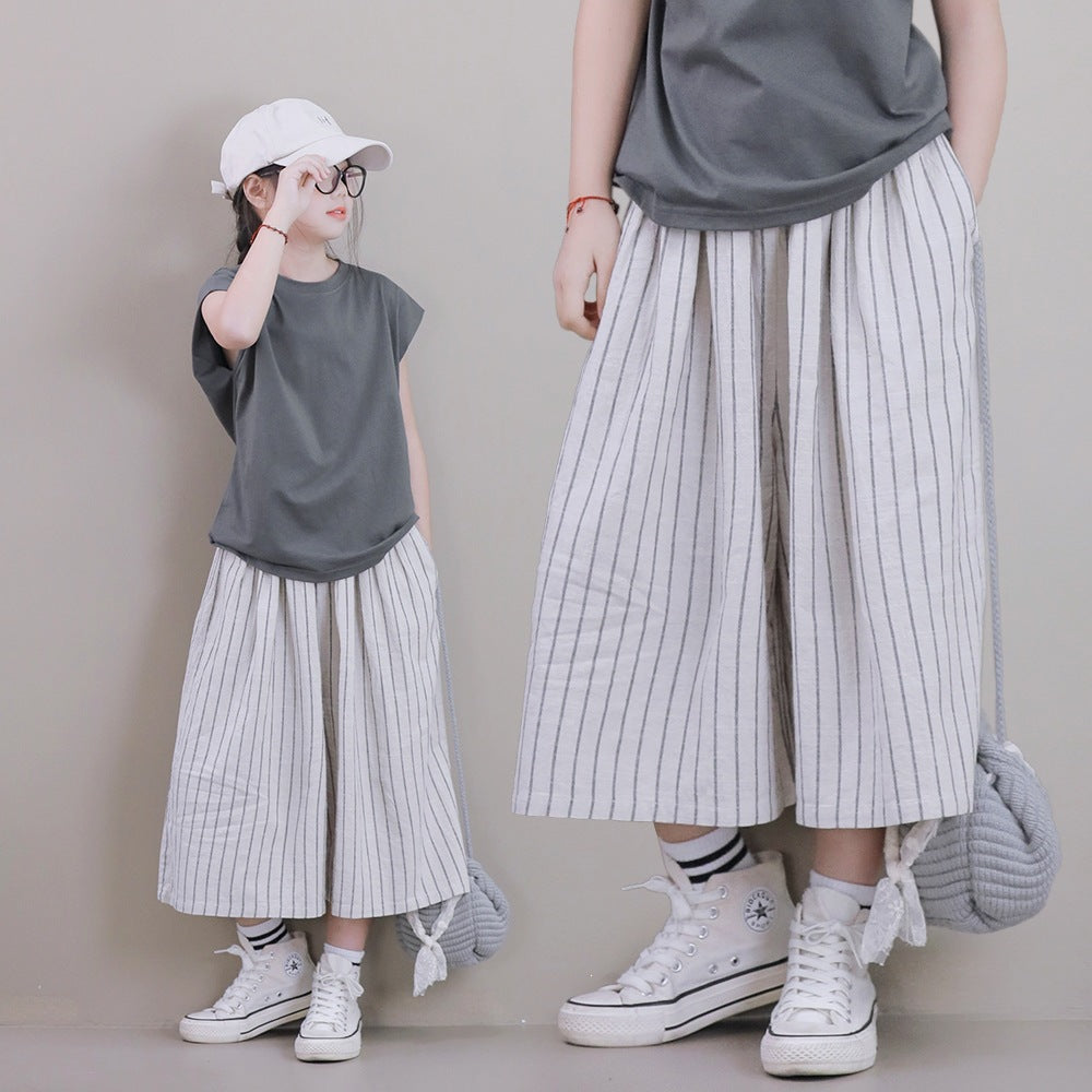 Large Loose Casual Pure Cotton Elastic Waist Culottes Small Cropped Children's Pants