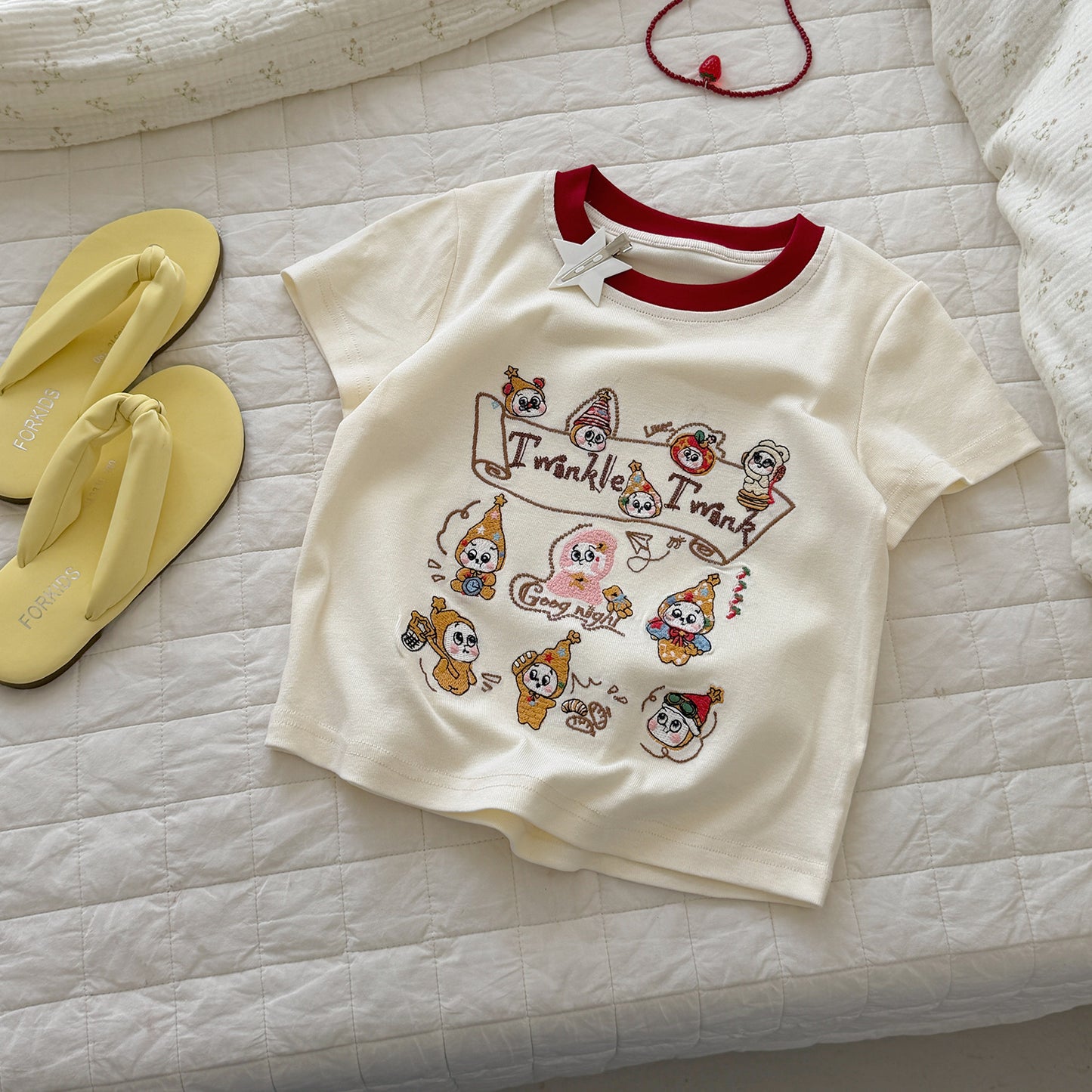 Short-sleeved Summer Cotton Cartoon Embroidered Top Contrast Color Round Neck Children's T-shirt
