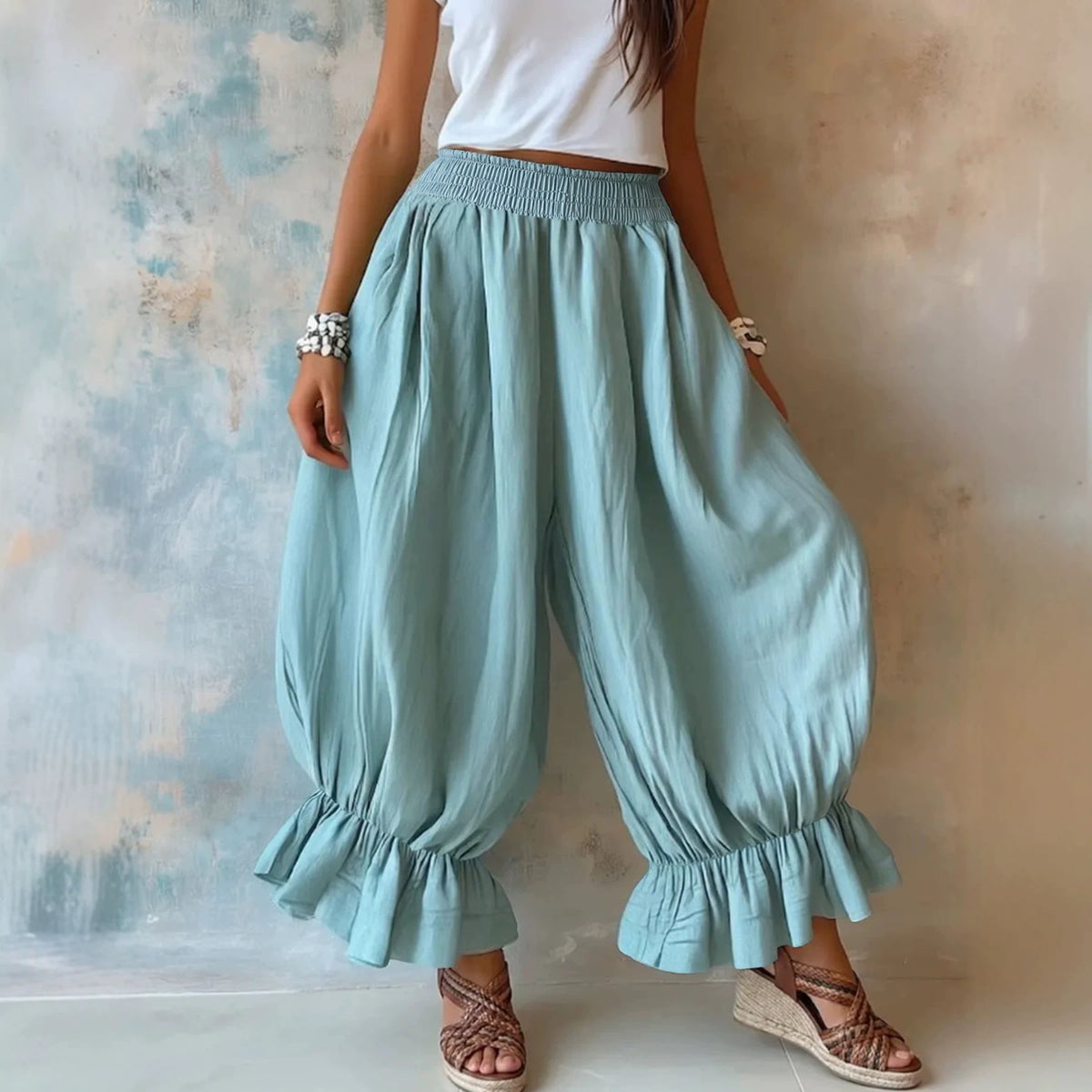 Women's Summer Loose Cotton Linen Ruffled Bloomers Casual Pants