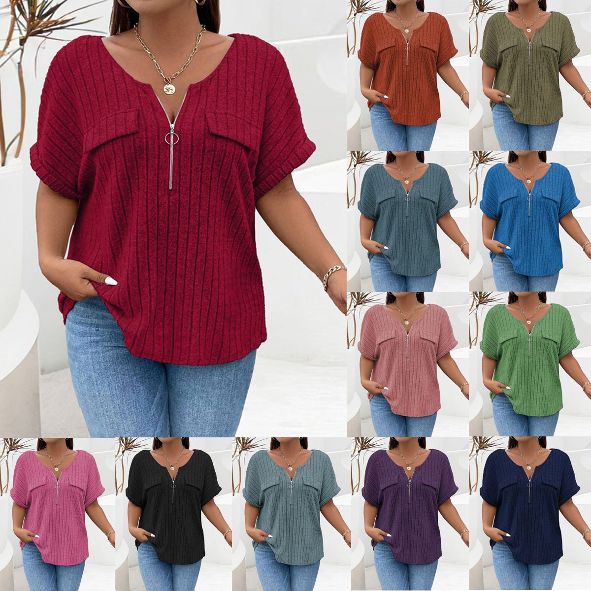 Women's Solid Color Clothes Zipper Sleeve Faux Pocket Pullover Tops