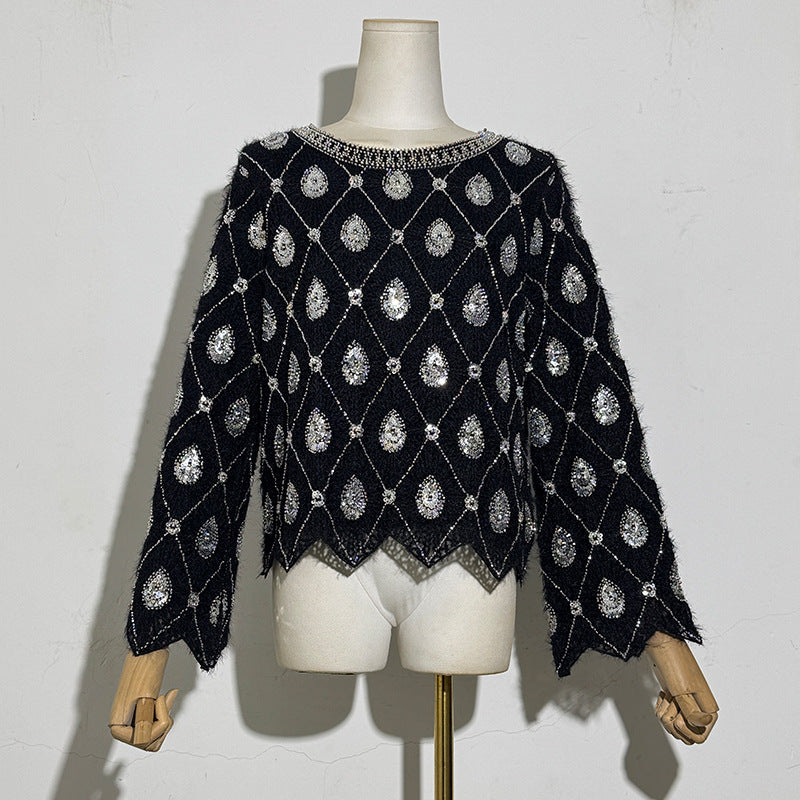 Women's Beaded Sequins Elegant Serrated Edge Rhombus Round Neck Long Sleeve Tops