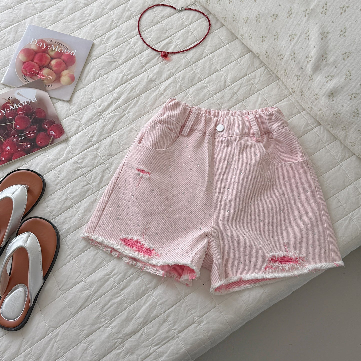 Children's Xie Denim Shorts Hot Drilling Frayed Summer Clothes Fifth Medium Children's Pants