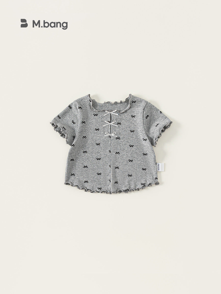 Children's Clothing Summer Korean Top Wooden Ear Bow Printed Children's T-shirt