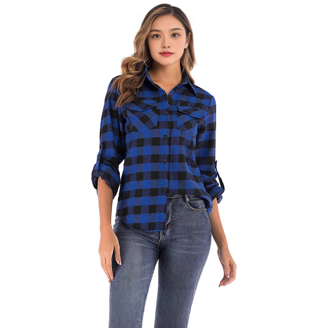 Women's Plaid Shirt Lapel Casual Fashion Double Pocket Long Blouse