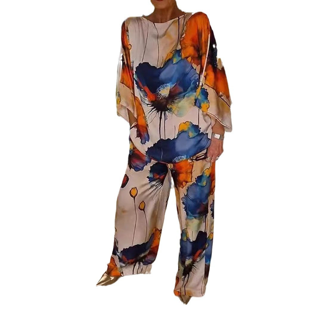 Urban Elegant Loose Printed Batwing Sleeve Suits