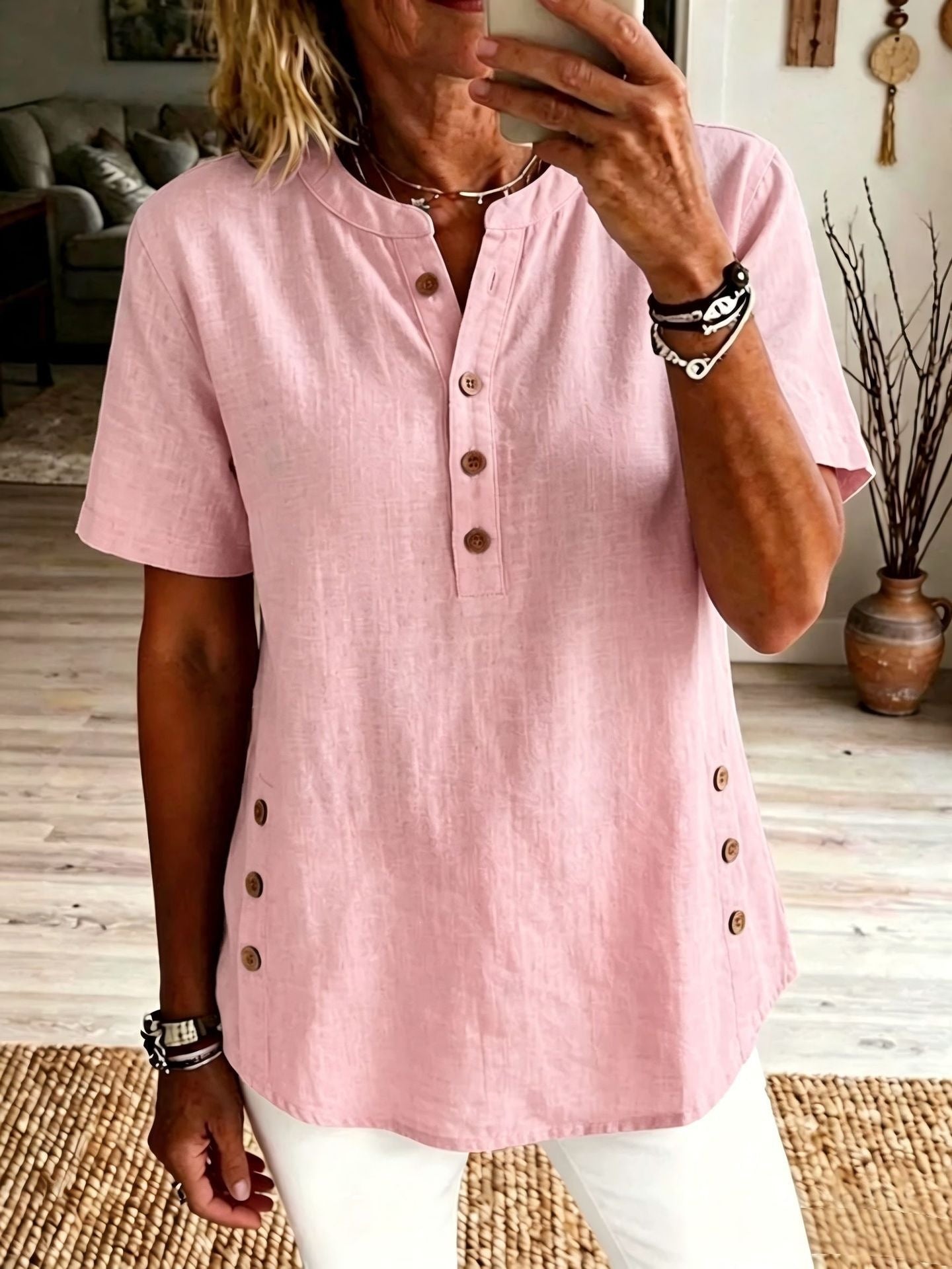 Women's Collar Half Sleeve Side Breasted Loose Casual Women's T-shirt
