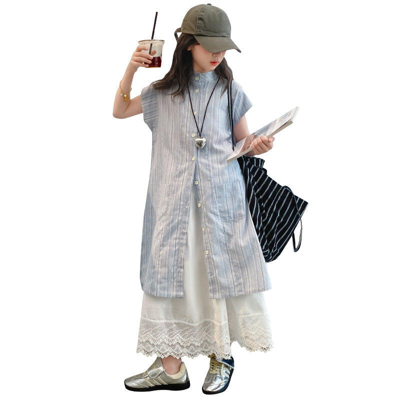 Children's Summer Floral Suit Korean Medium Big Thin Bandage Striped Children's Dress