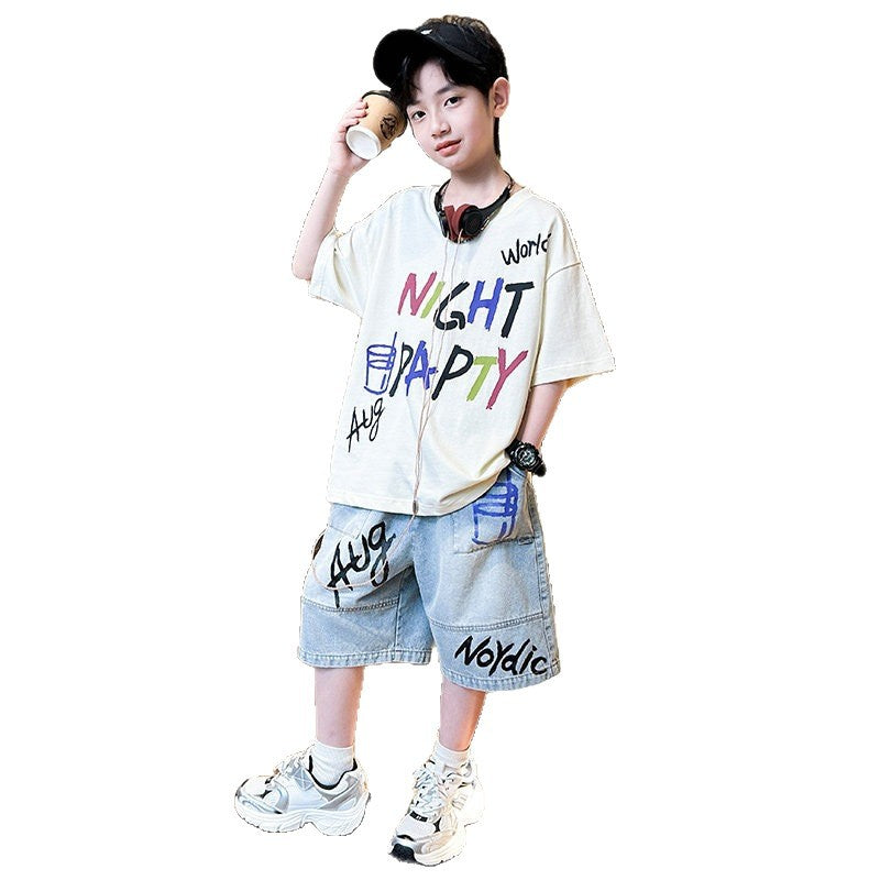 Short-sleeved Denim Medium Large Boy Thin Type Children's Suit