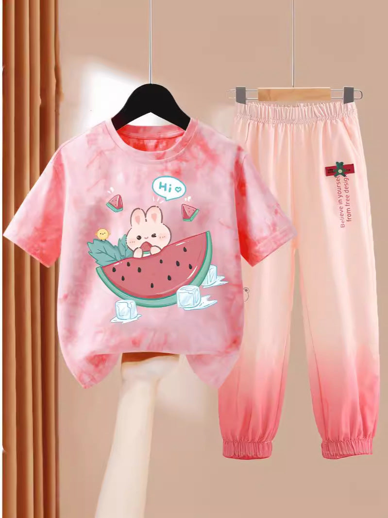 Clothes T-shirt Medium Large Short Sleeved Ice Silk Trousers Two-piece Children's Suit