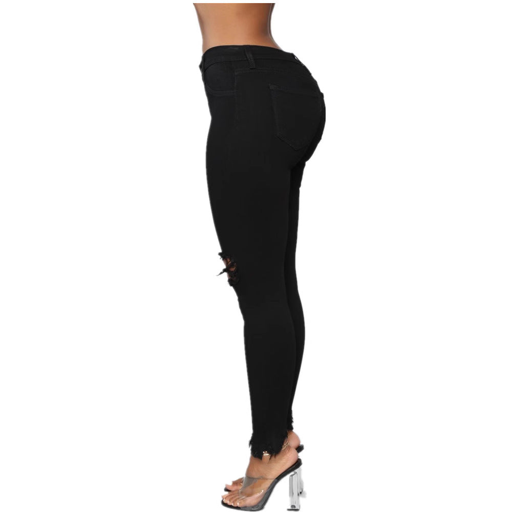 Women's Summer Solid Color Ripped Trousers Women's Jeans