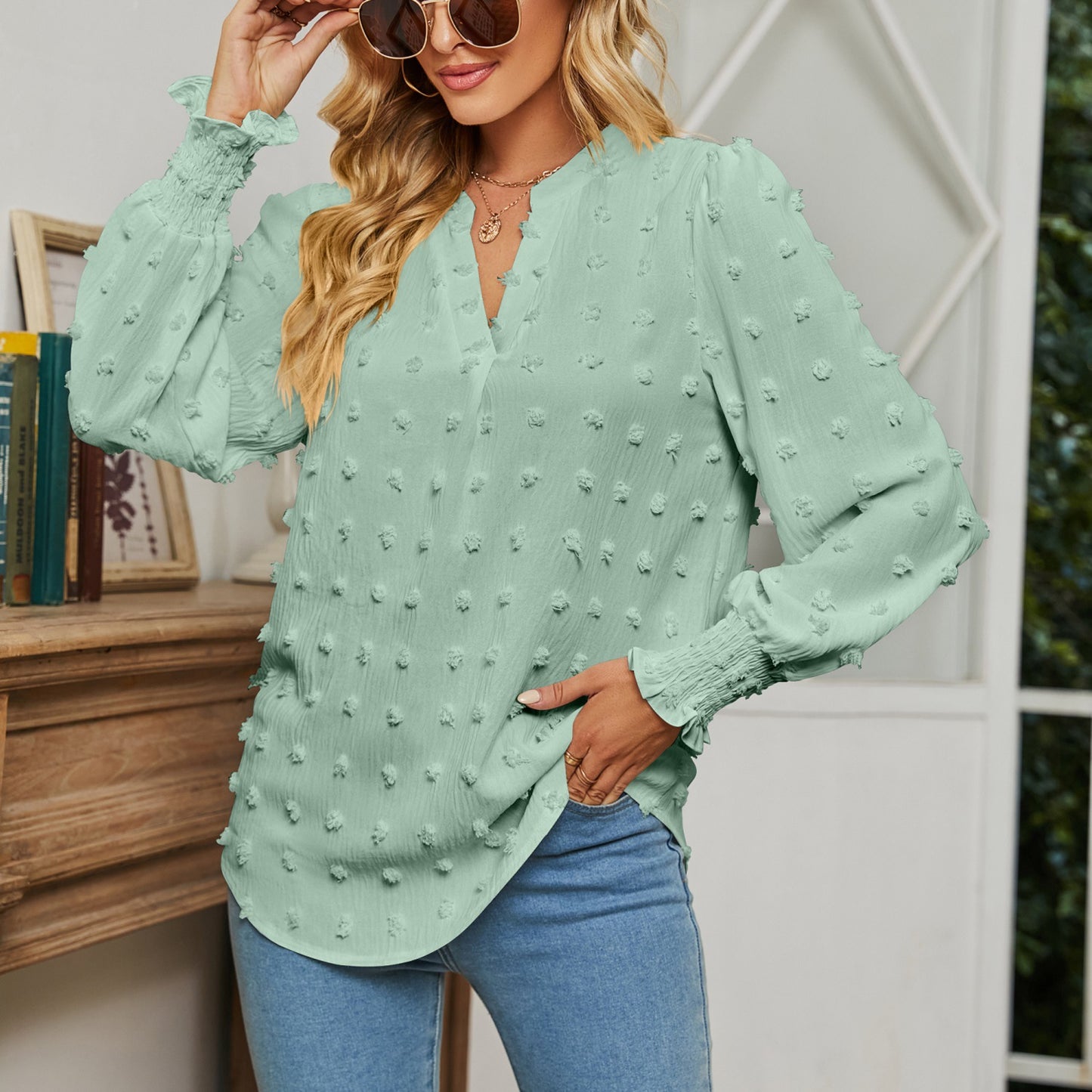 Women's Autumn Polka Dot Long-sleeved Bubble Sleeve Tops