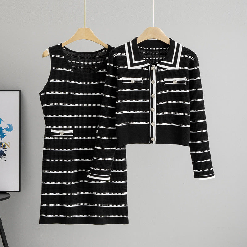 Women's Long Sleeve Striped Dress Two-piece Set Wool Fashion Casual Suit