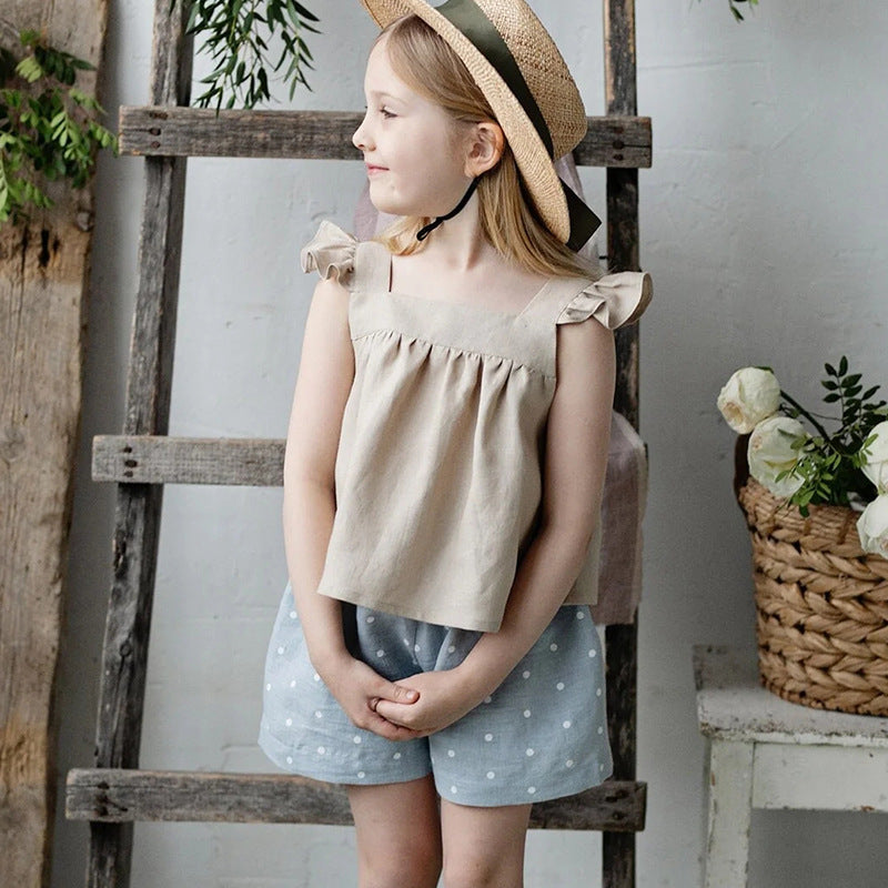 Linen Mori Summer Flounced Sleeve Suspender Skirt Loose Children's Dress