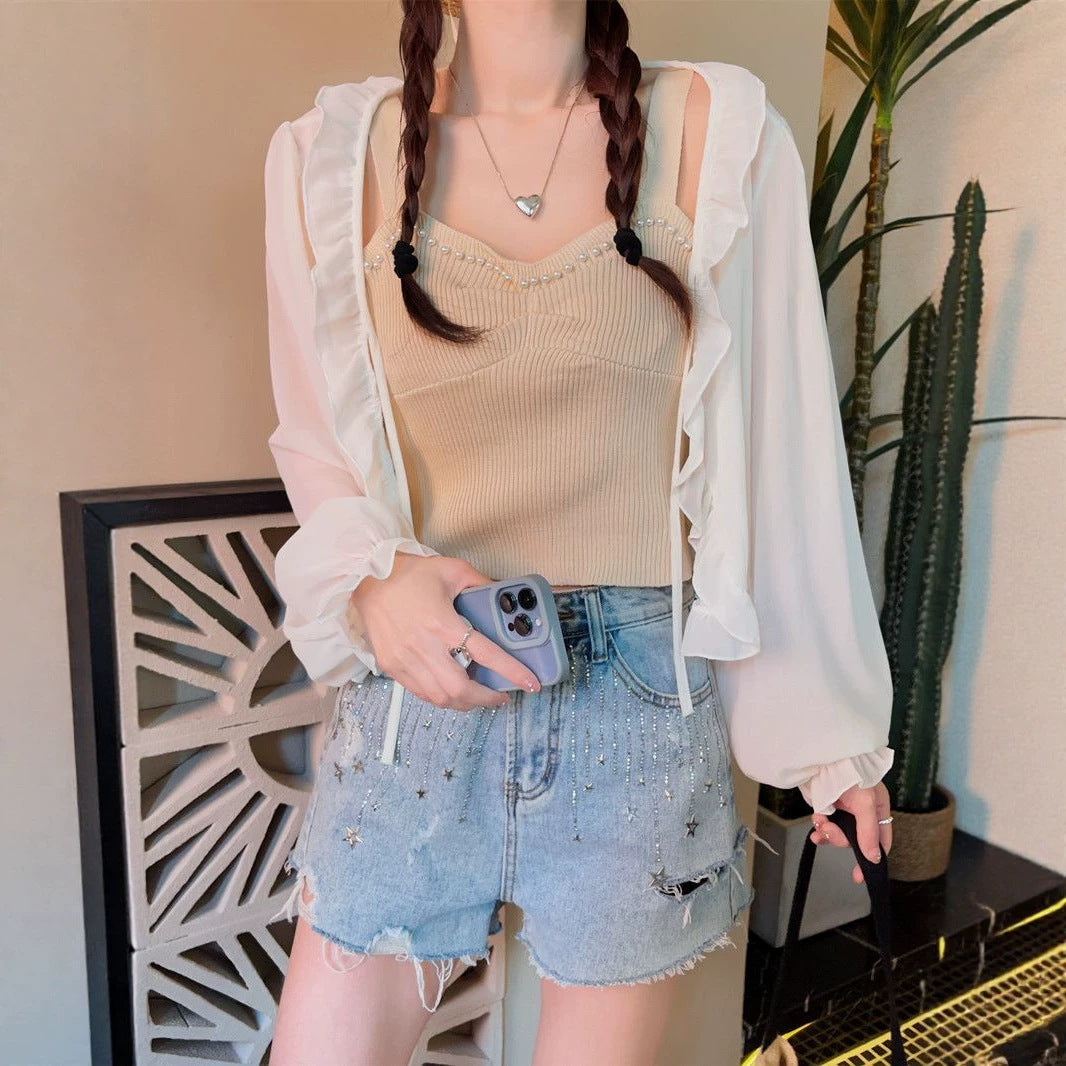Women's Thin Summer Loose Long Sleeve With Suspender Distribution Strictly Lace Shirt, Chiffon Shirt
