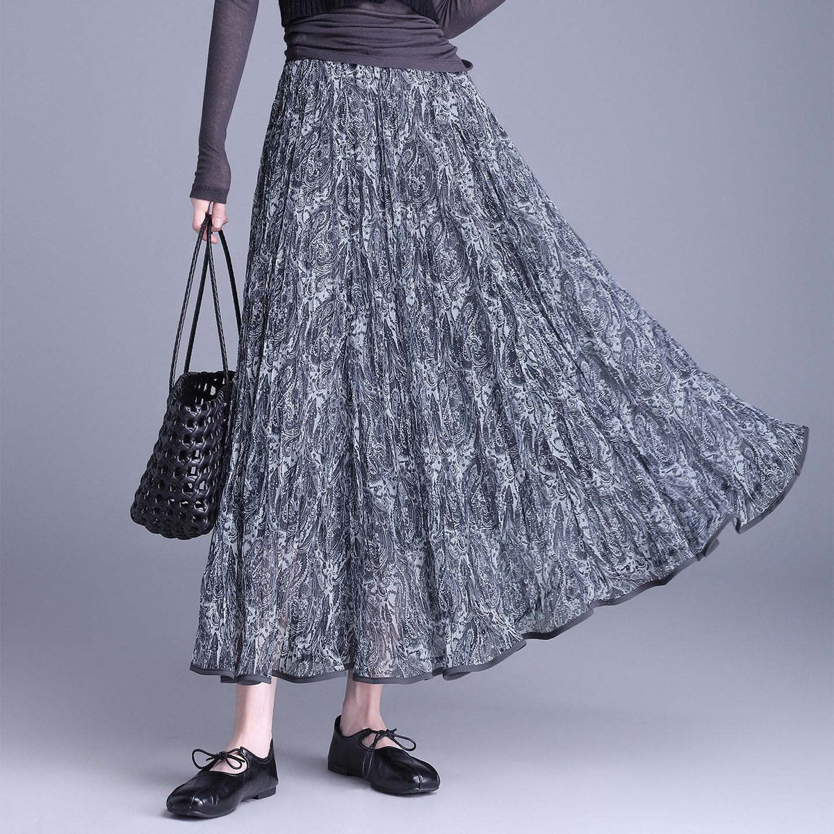 Purple Floral Pleated Autumn Slimming High Waist Crimp Skirt