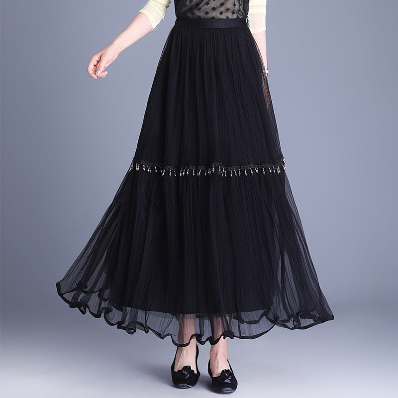 Women's Gauze High Waist Slimming A- Line Beaded Pleated Mesh Mid-length Skirts