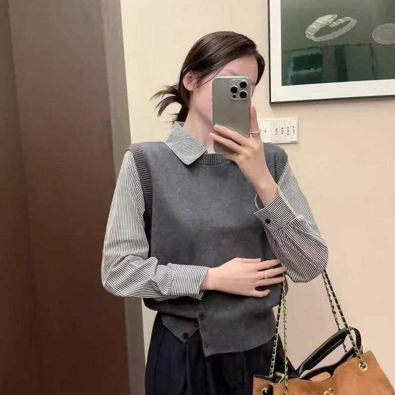 Women's Plaid Striped Shirt Early Spring Long Sleeve French Tops