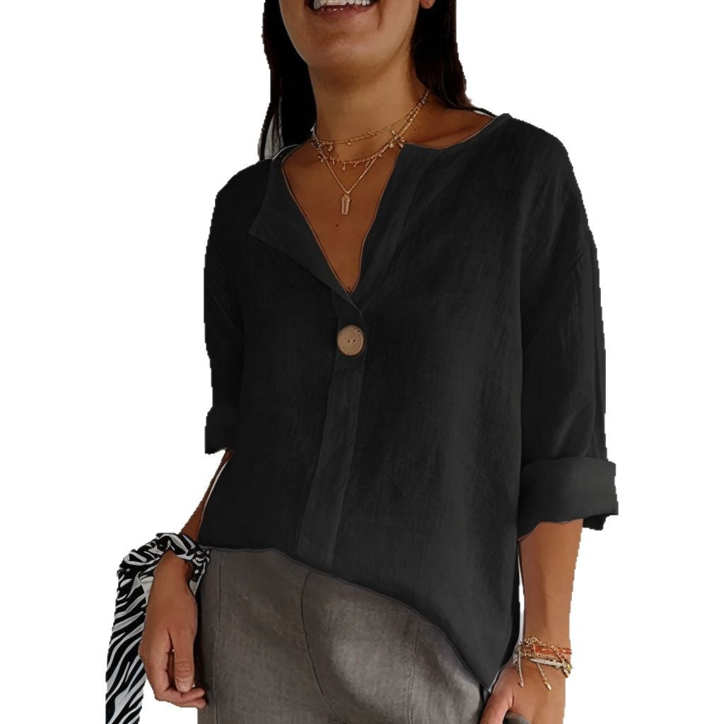 Women's Autumn Casual Loose T-shirt Buttons Cotton Tops