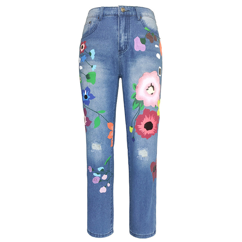 Women's High Quality Blockbusters Exquisite Printing Denim Straight Go Out Pants