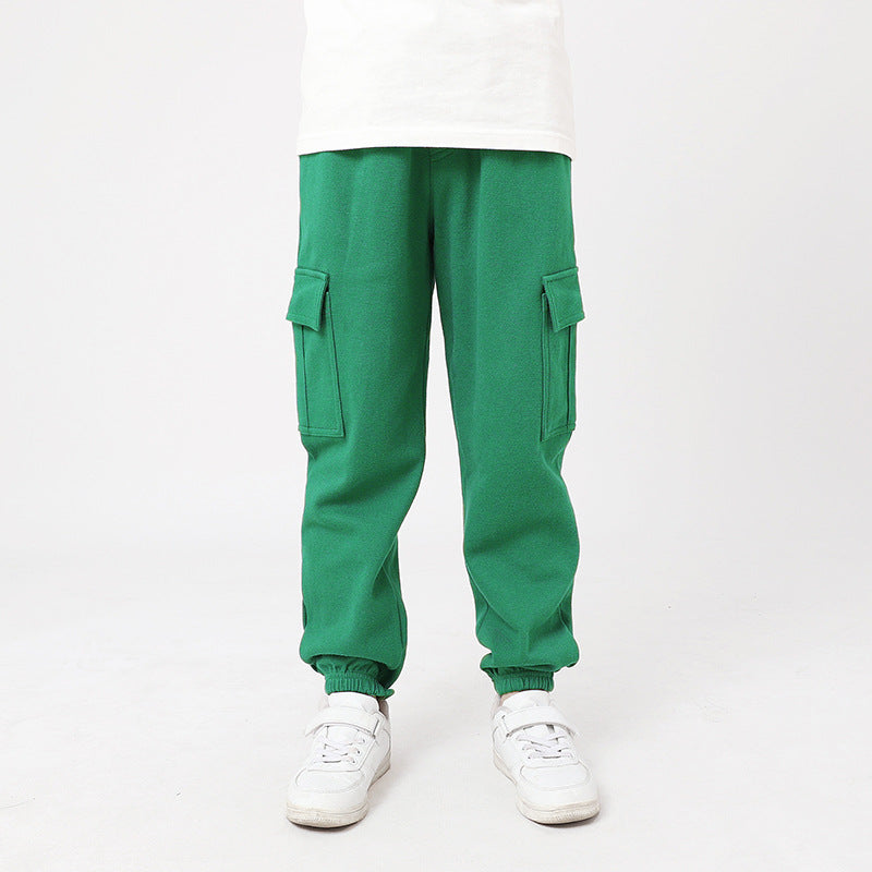 Korean Style Boys Medium Big Solid Color Sports Overalls Female Children's Pants