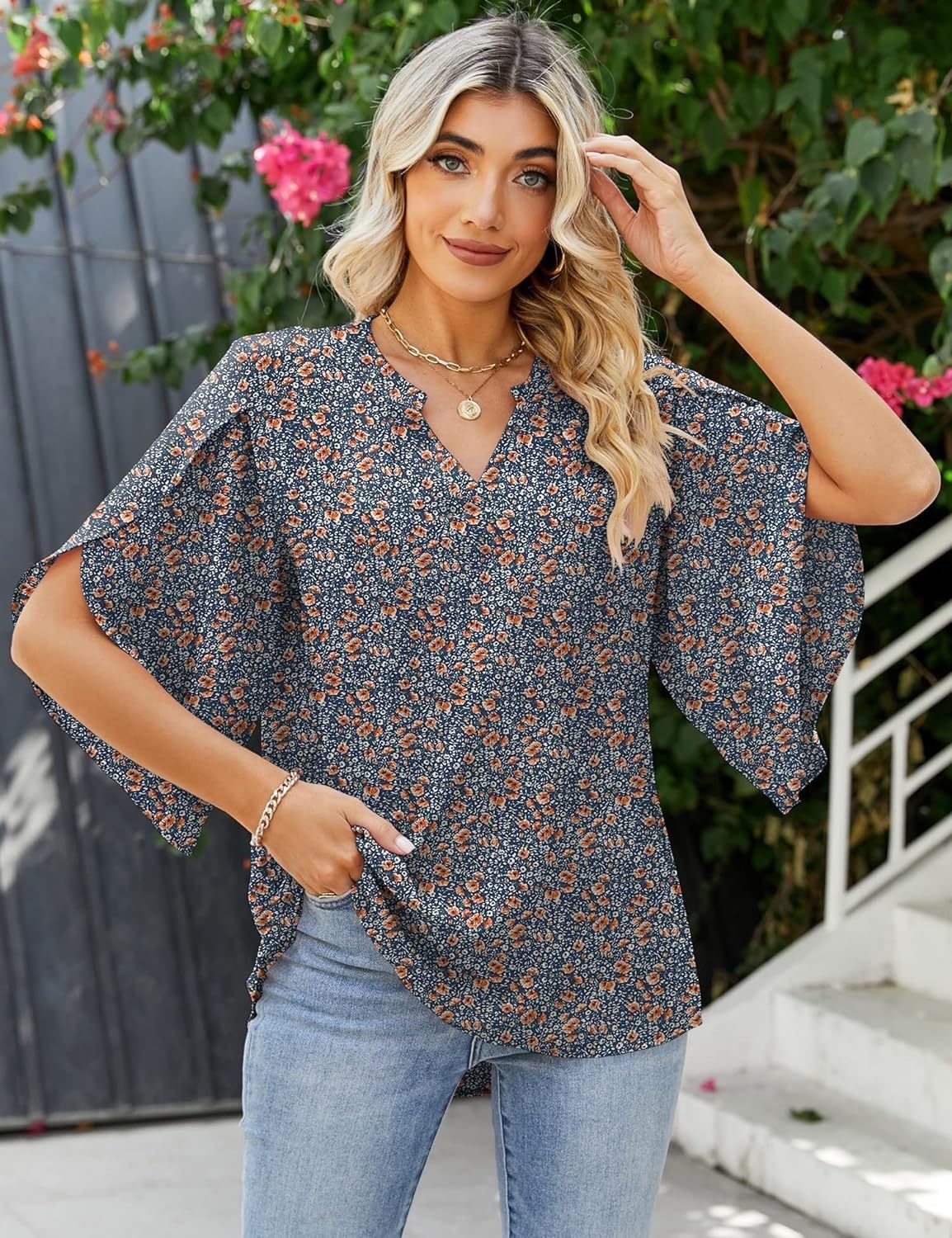 Glamorous Women's Printed Loose Petal Sleeve Lace Shirt, Chiffon Shirt