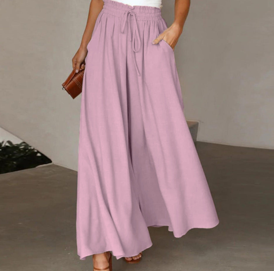Women's Summer Elastic Waistband Wide Leg High Waist Long Culottes Casual Pants
